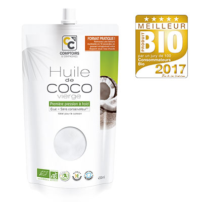 Lancement des huiles de coco au format ultra-pratique en doypack ! L'huile de coco vierge reçoit le prix du Meilleur Produit bio de l'année 2017